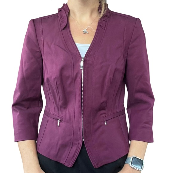 White House Black Market 4 Plum Purple, Ruffle Zipper Perfect Form Blazer Jacket - Picture 15 of 16